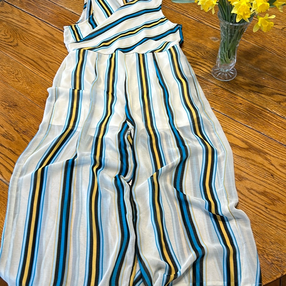 Favlux Fashions romper. Stripes of blue, yellow and black. Size Large.